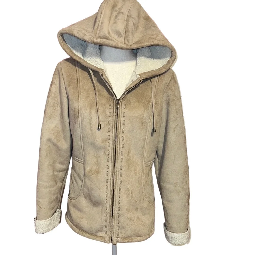 Vintage P.A. Originals Cozy Tan Hooded Serpa Lined Faux Suede Jacket Large